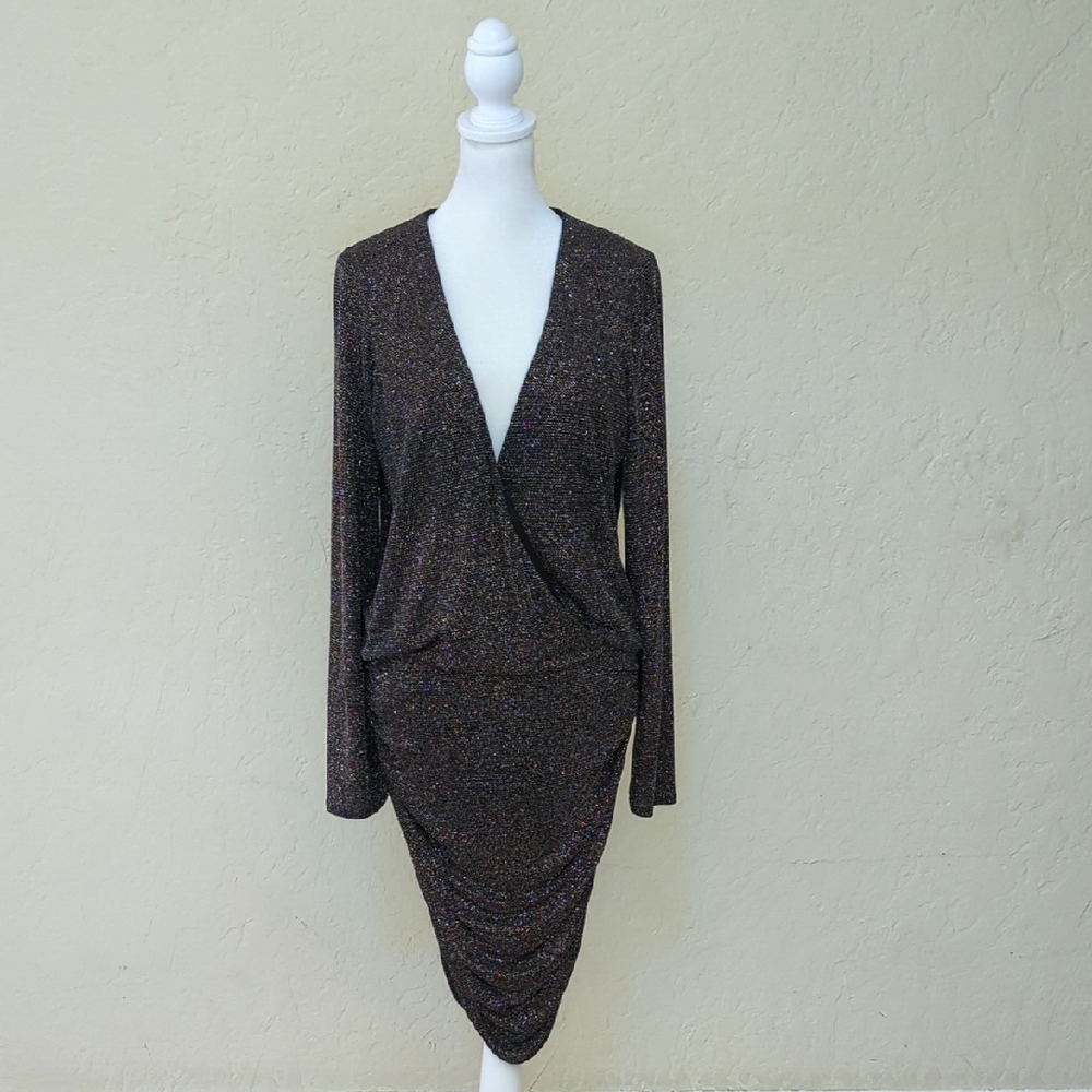 Express Black Long Sleeve Surplice Metallic Ruched Midi Dress Size Large